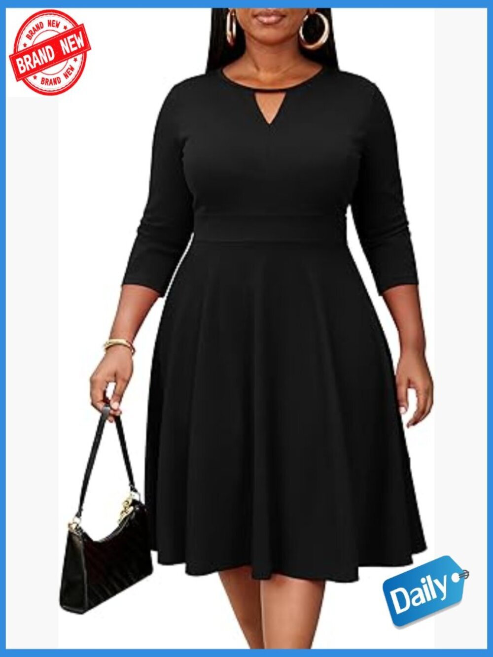 Plus Size Cocktail Dress 3/4 Sleeve Midi Work Dress with Pockets